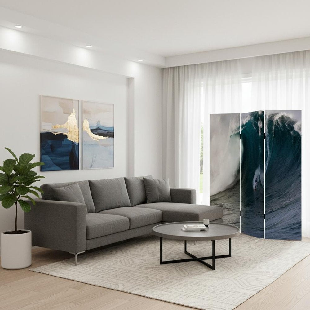 72" Blue And White Canvas Folding Three Panel Screen Room Divider HomeRoots