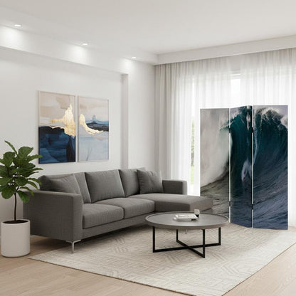 72" Blue And White Canvas Folding Three Panel Screen Room Divider HomeRoots