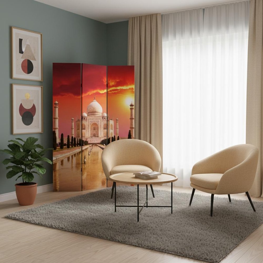 72" Brown Canvas Folding Three Panel Screen Room Divider HomeRoots