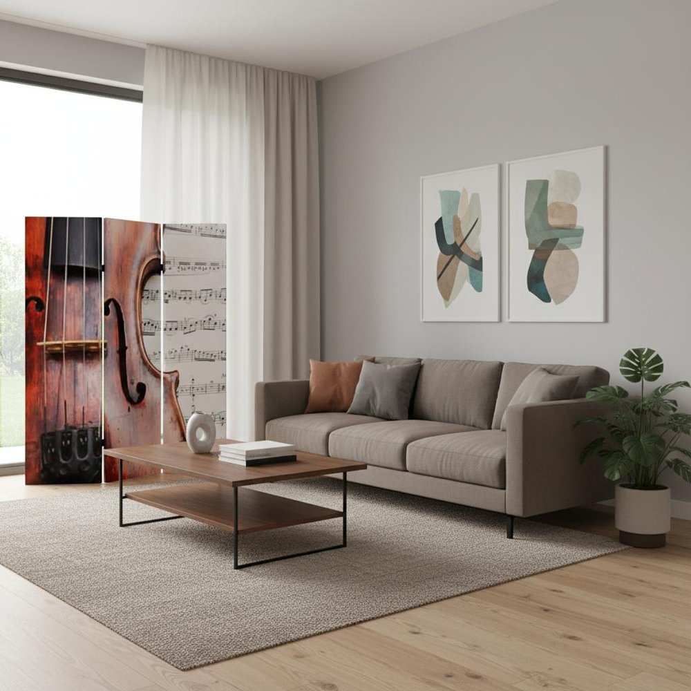 72" Brown And White Canvas Folding Three Panel Screen Room Divider HomeRoots
