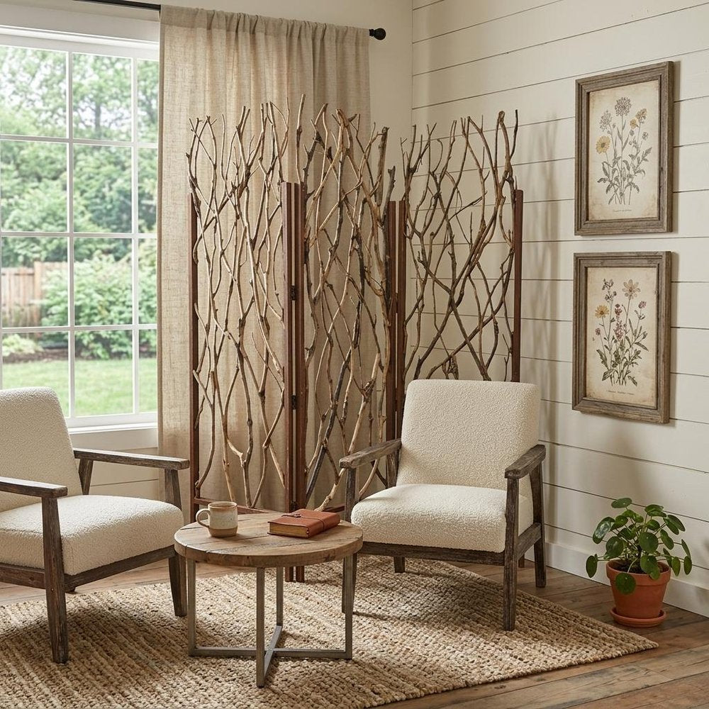 70" Brown Wood Branches Folding Three Panel Screen Room Divider HomeRoots
