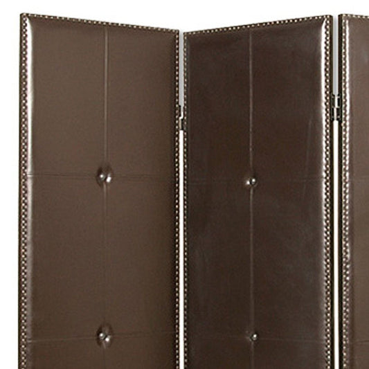 72" Brown Faux Leather Folding Three Panel Screen Room Divider HomeRoots