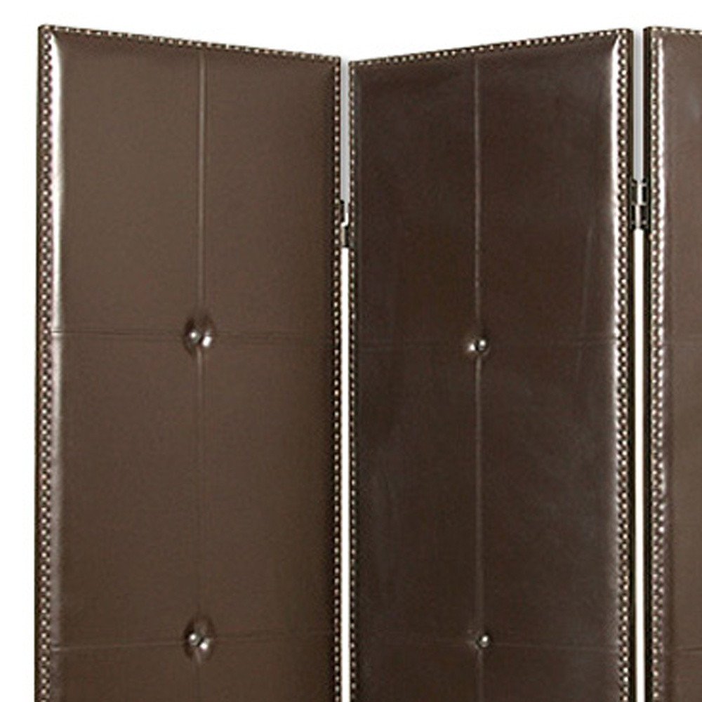 72" Brown Faux Leather Folding Three Panel Screen Room Divider HomeRoots