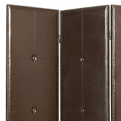 72" Brown Faux Leather Folding Three Panel Screen Room Divider HomeRoots