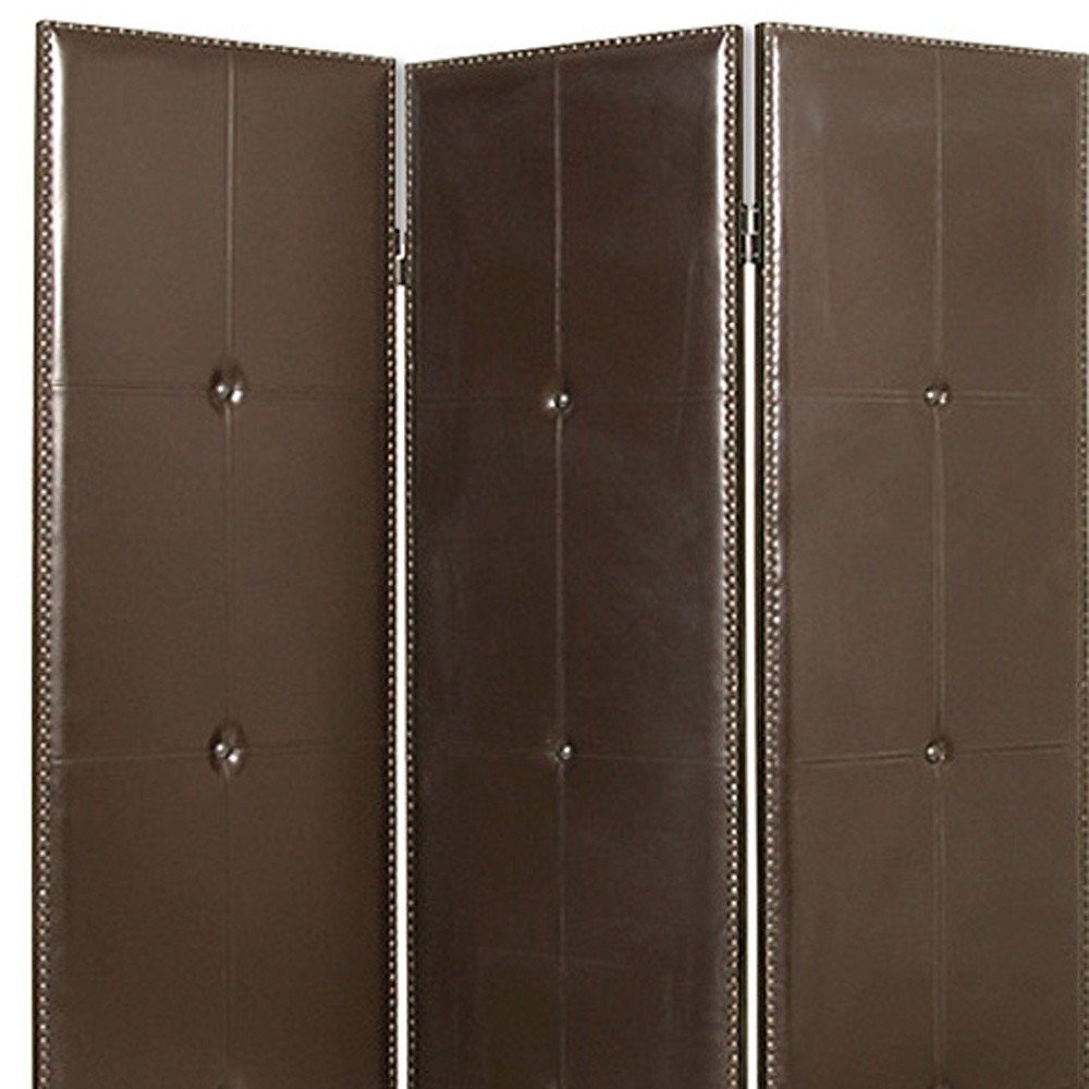 72" Brown Faux Leather Folding Three Panel Screen Room Divider HomeRoots