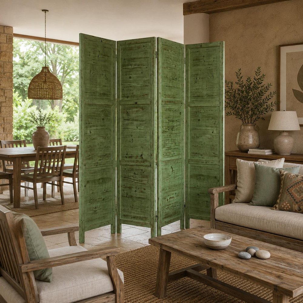 84" Green Rustic Wood Folding Four Panel Screen Room Divider HomeRoots