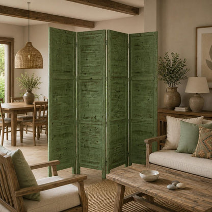 84" Green Rustic Wood Folding Four Panel Screen Room Divider HomeRoots