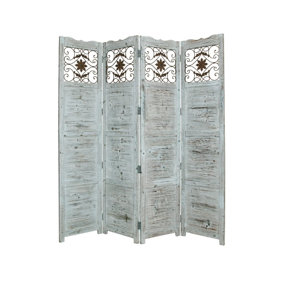 84" Blue Wood Folding Four Panel Screen Room Divider HomeRoots