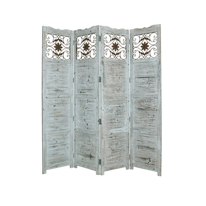 84" Blue Wood Folding Four Panel Screen Room Divider HomeRoots