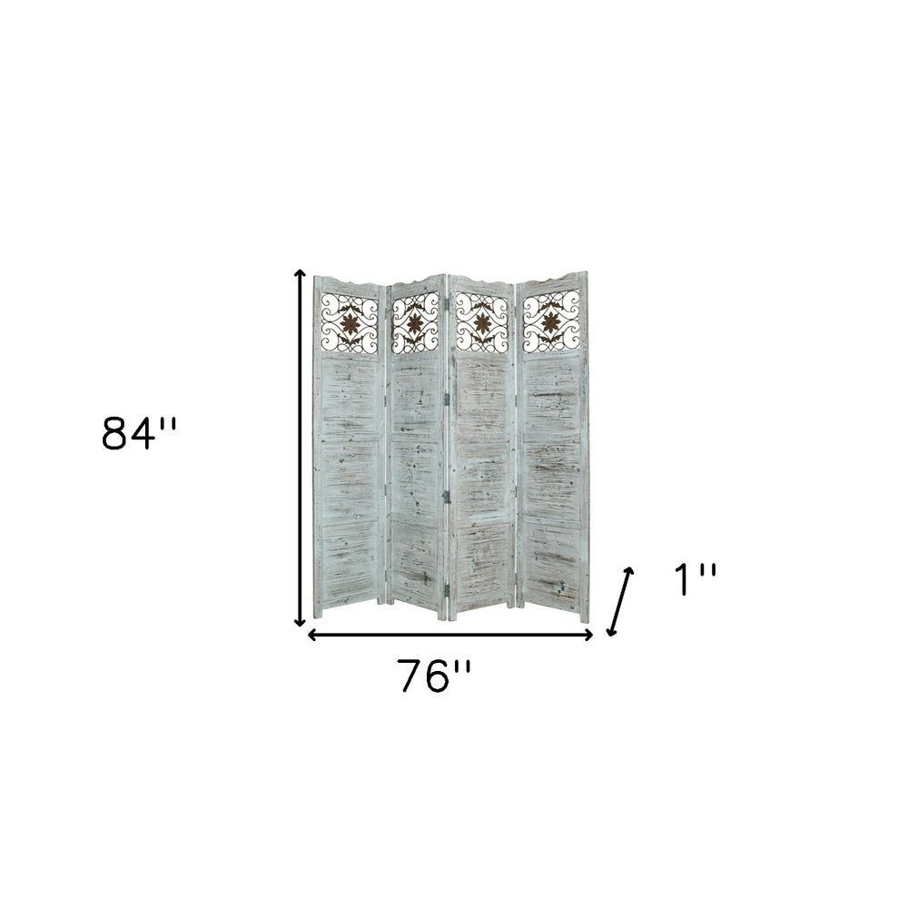 84" Blue Wood Folding Four Panel Screen Room Divider HomeRoots