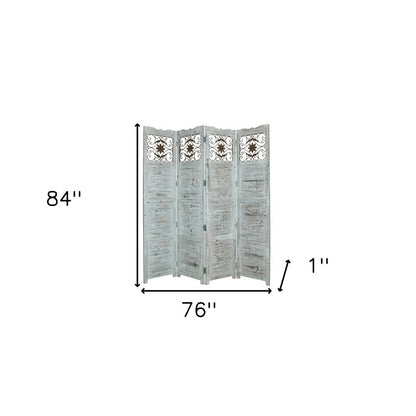 84" Blue Wood Folding Four Panel Screen Room Divider HomeRoots