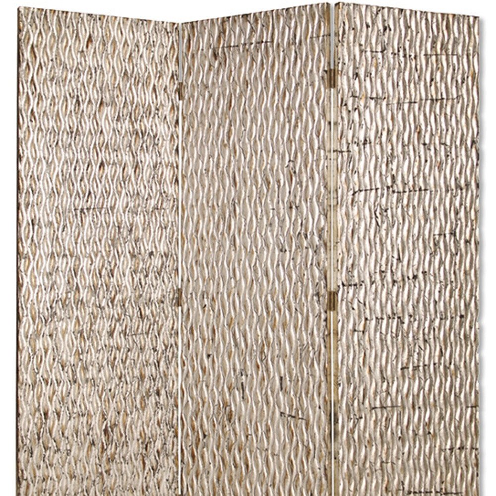 72" Silver Wood Folding Three Panel Screen Room Divider — view 3