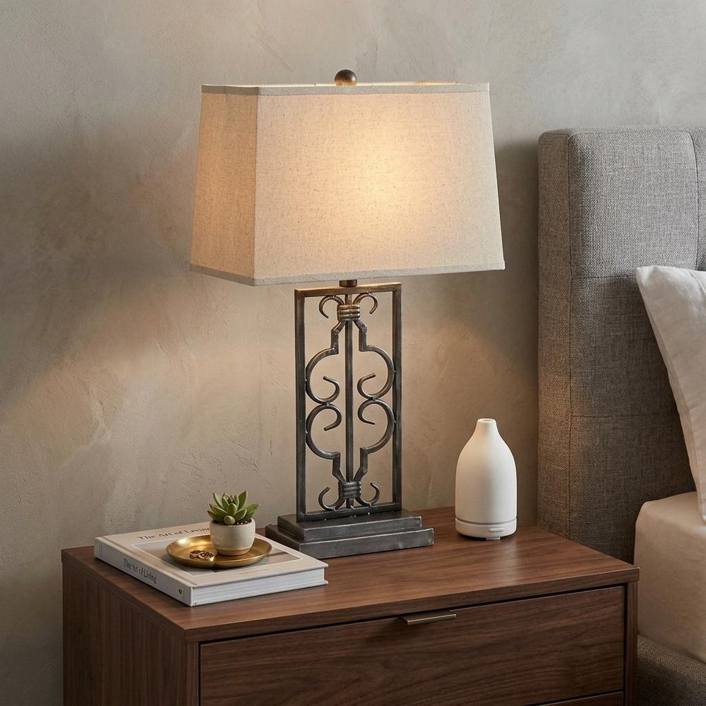 29" Distressed Gray Metal Bedside Lamp With Beige Shade HomeRoots