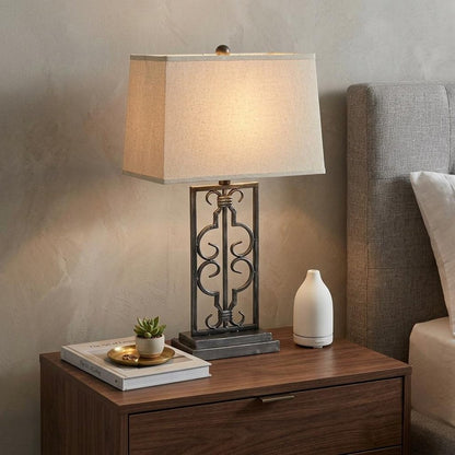 29" Distressed Gray Metal Bedside Lamp With Beige Shade HomeRoots