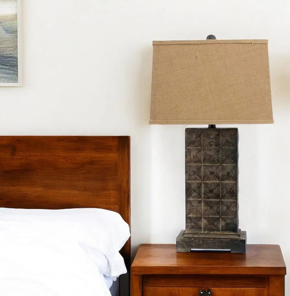 30" Distressed Bronze Metal Bedside Lamp With Khaki Shade HomeRoots