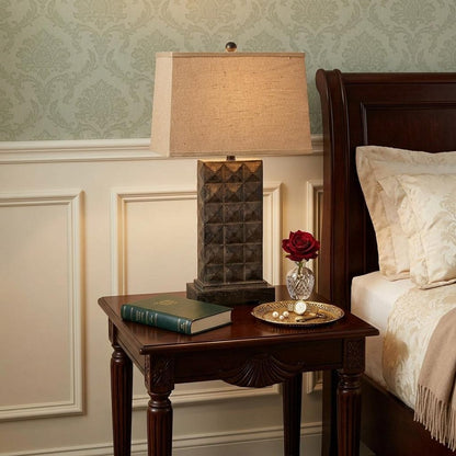 30" Distressed Bronze Metal Bedside Lamp With Khaki Shade HomeRoots