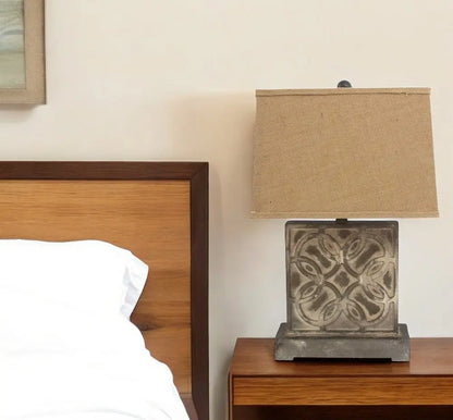 25" Distressed Brown Metal Bedside Lamp With Khaki Shade HomeRoots