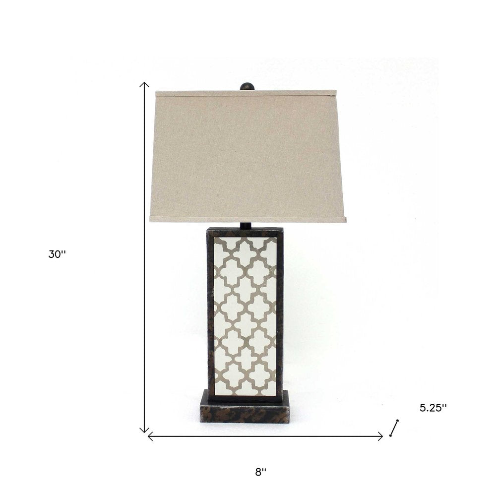 30" Distressed Bronze Metal Bedside Lamp With Beige Shade HomeRoots