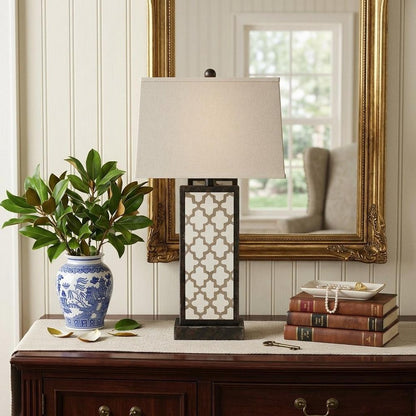 30" Distressed Bronze Metal Bedside Lamp With Beige Shade HomeRoots