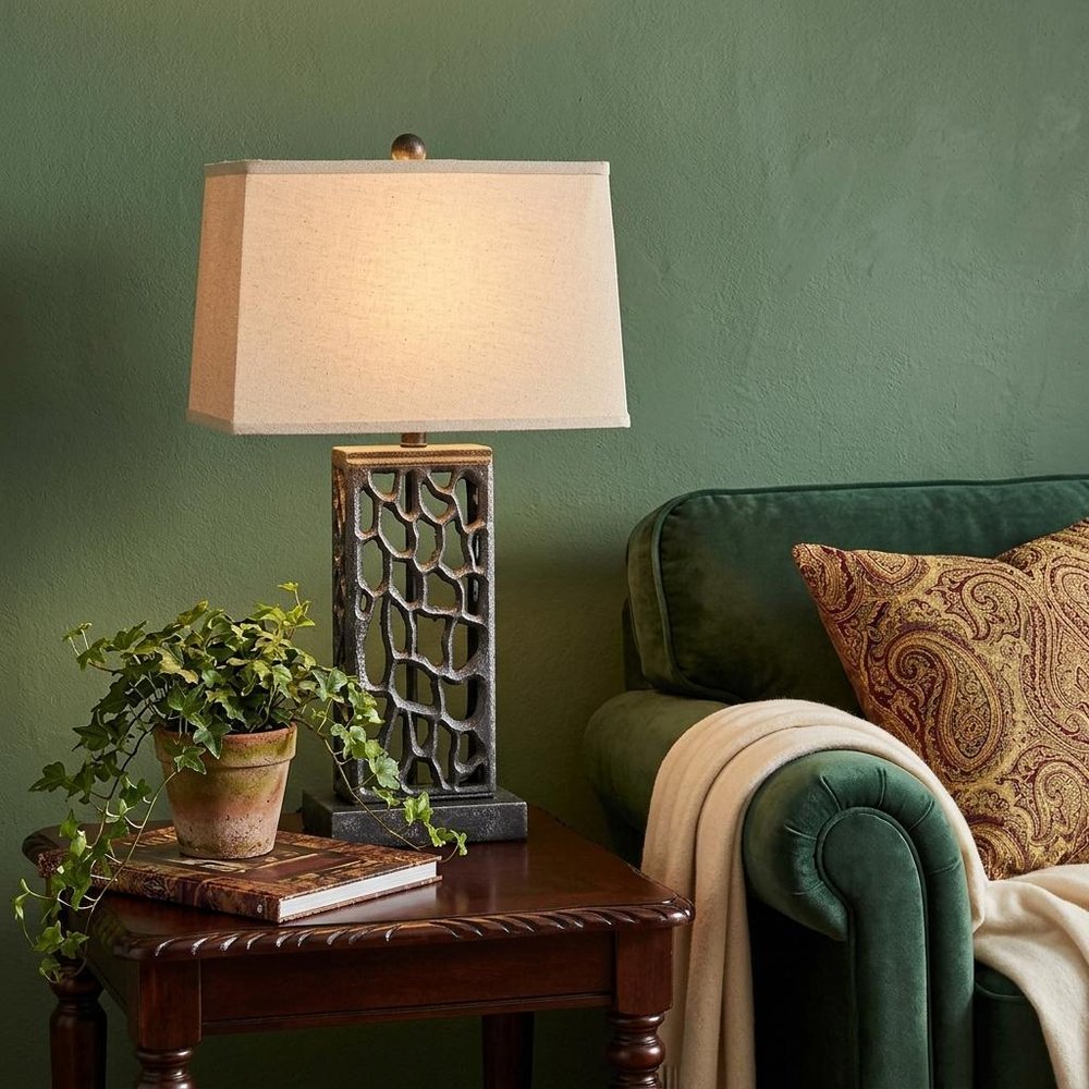 29" Distressed Black Metal Bedside Lamp With Beige Shade HomeRoots