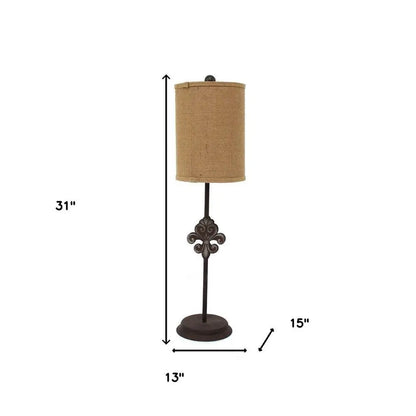 31" Black Fleur de Lis Metal Table Lamp With Natural Burlap Shade HomeRoots