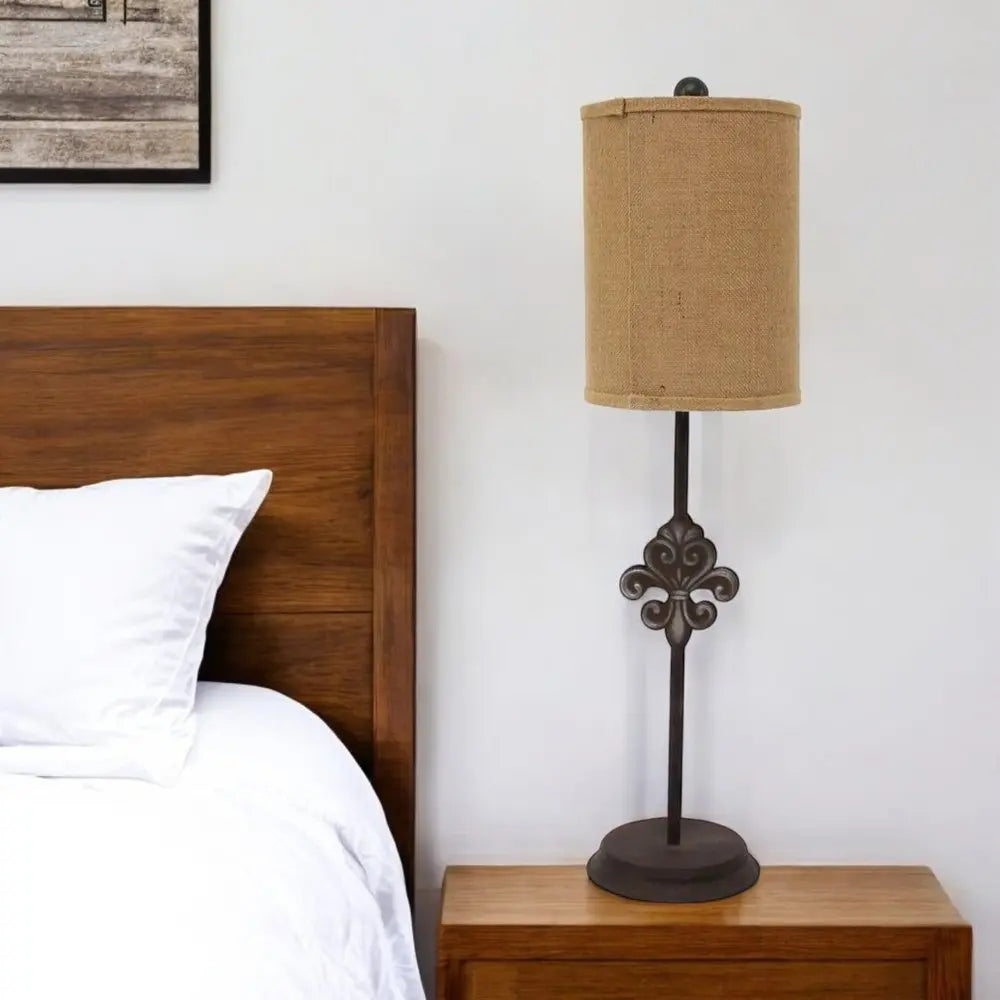 31" Black Fleur de Lis Metal Table Lamp With Natural Burlap Shade HomeRoots