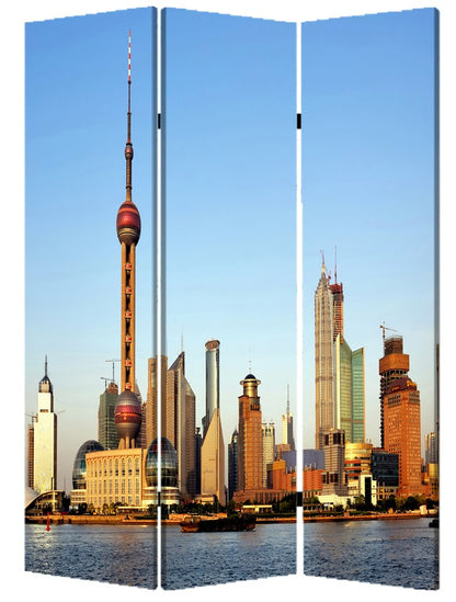 72" Blue Reversible China Cityscape Canvas Folding Three Panel Screen Room Divider HomeRoots