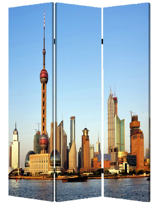 72" Blue Reversible China Cityscape Canvas Folding Three Panel Screen Room Divider HomeRoots