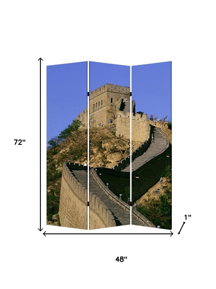 72" Blue Reversible China Cityscape Canvas Folding Three Panel Screen Room Divider HomeRoots
