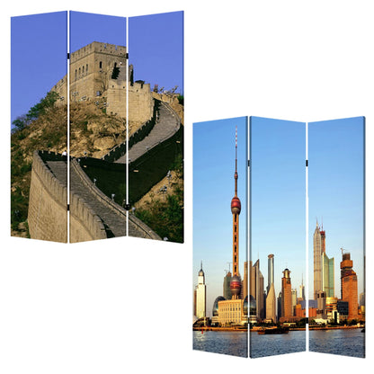 72" Blue Reversible China Cityscape Canvas Folding Three Panel Screen Room Divider HomeRoots