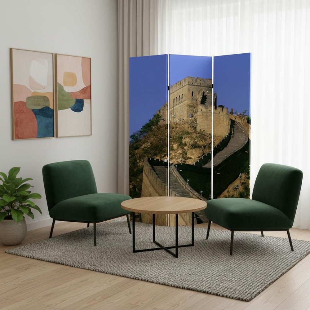 72" Blue Reversible China Cityscape Canvas Folding Three Panel Screen Room Divider HomeRoots