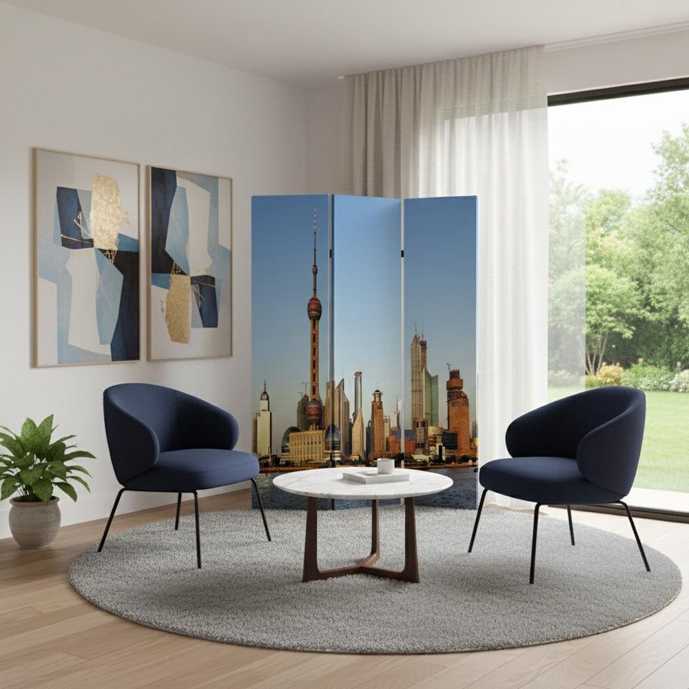 72" Blue Reversible China Cityscape Canvas Folding Three Panel Screen Room Divider HomeRoots