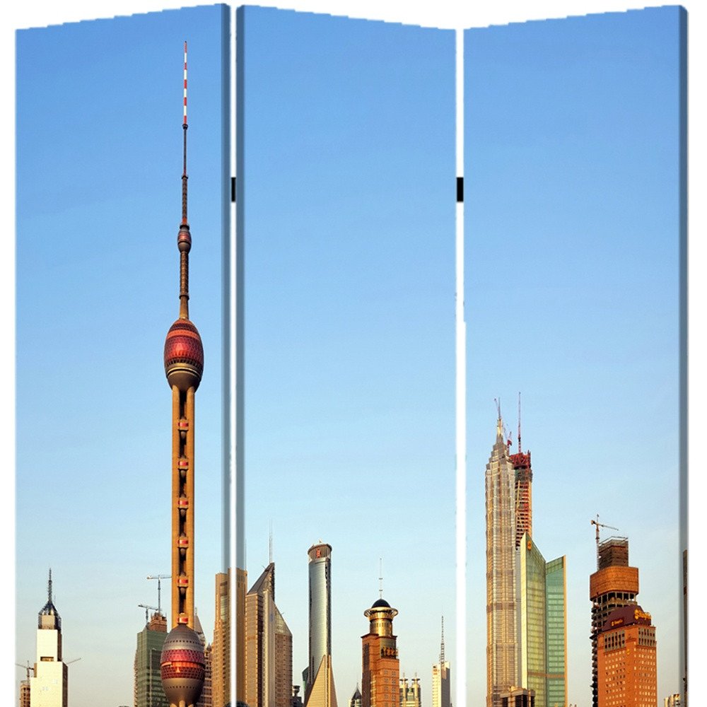72" Blue Reversible China Cityscape Canvas Folding Three Panel Screen Room Divider HomeRoots