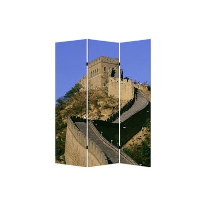 72" Blue Reversible China Cityscape Canvas Folding Three Panel Screen Room Divider HomeRoots