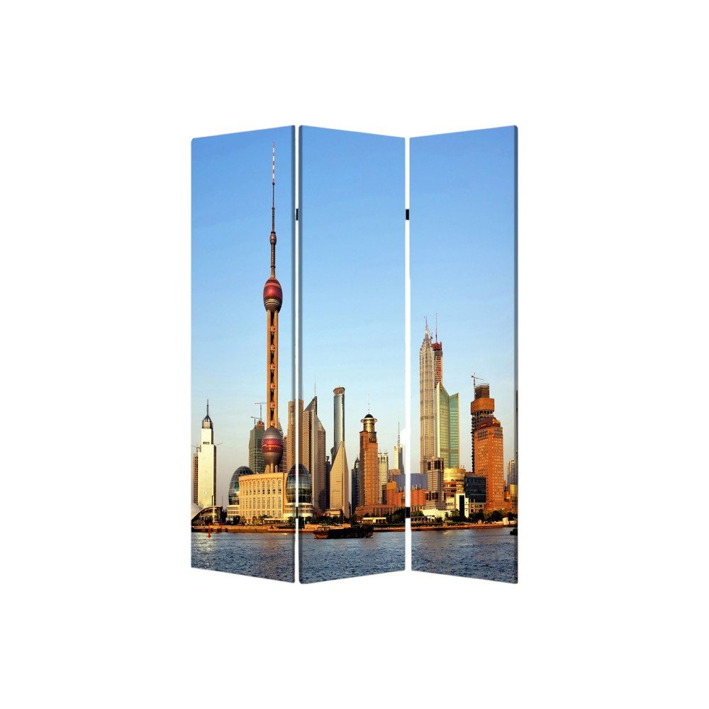 72" Blue Reversible China Cityscape Canvas Folding Three Panel Screen Room Divider HomeRoots