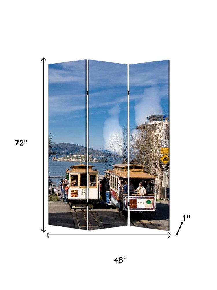 72" Blue And White Canvas Folding Three Panel Screen Room Divider HomeRoots