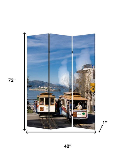 72" Blue And White Canvas Folding Three Panel Screen Room Divider HomeRoots
