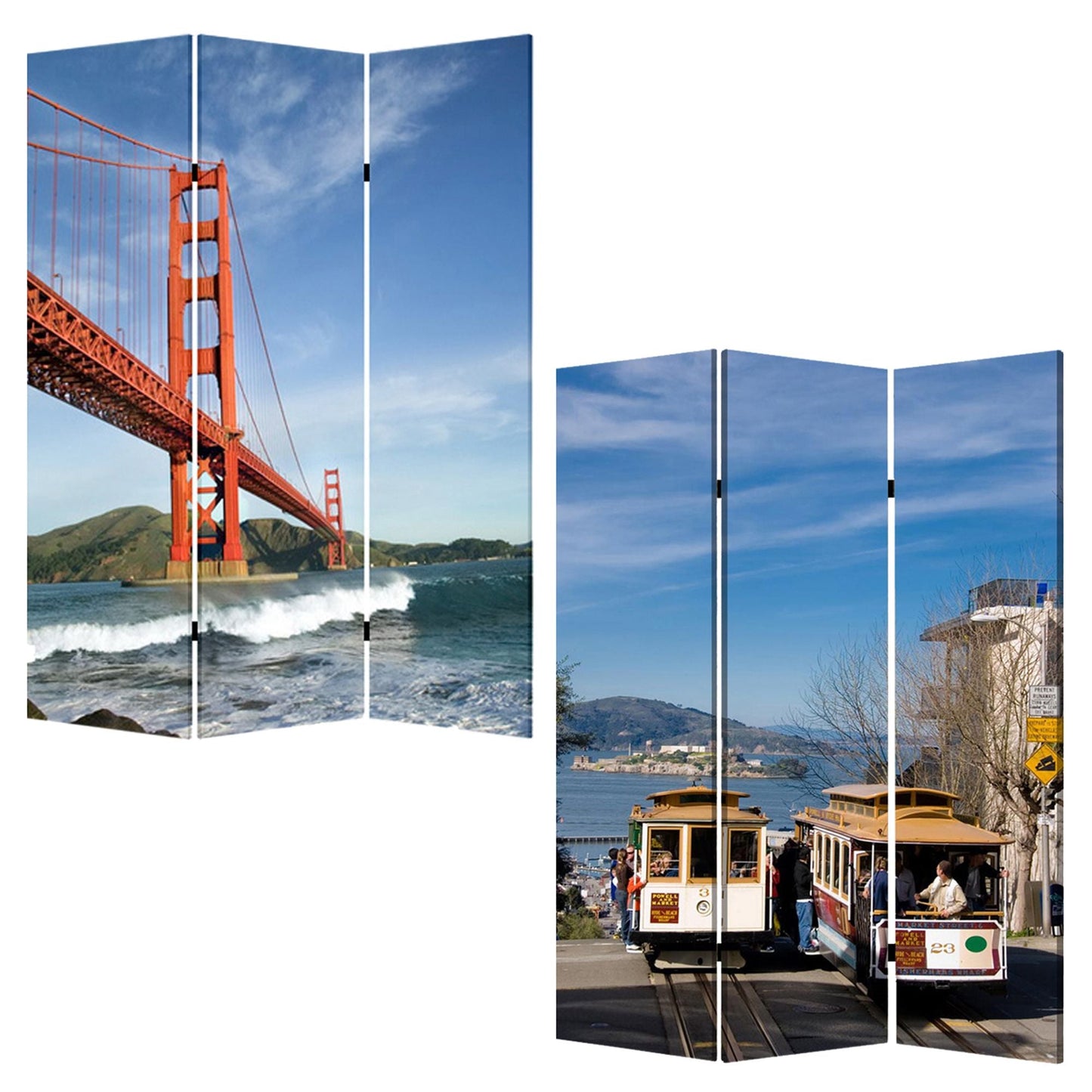 72" Blue And White Canvas Folding Three Panel Screen Room Divider HomeRoots