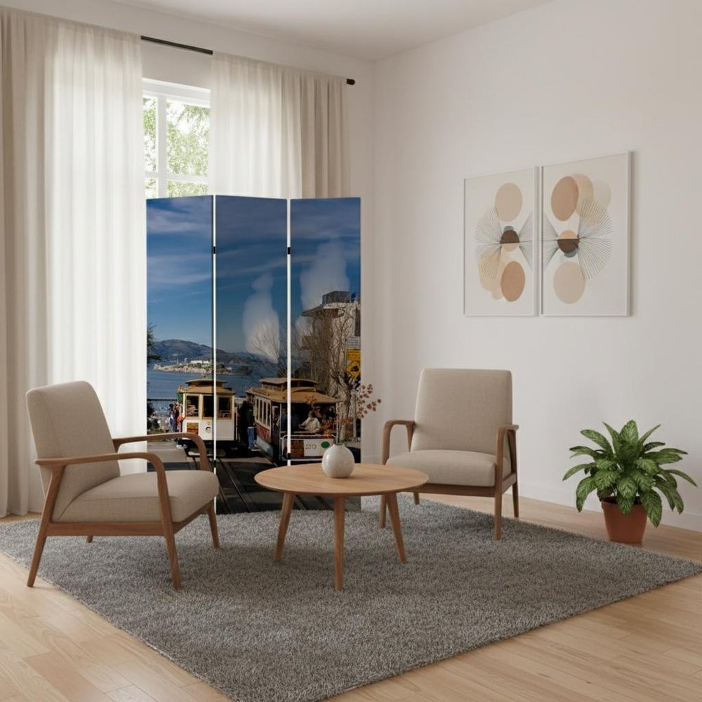 72" Blue And White Canvas Folding Three Panel Screen Room Divider HomeRoots