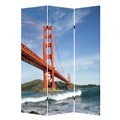 72" Blue And White Canvas Folding Three Panel Screen Room Divider HomeRoots