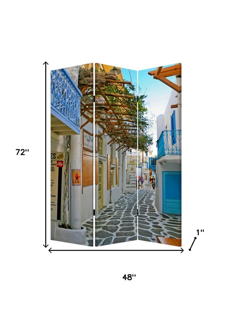 72" Blue And White Canvas Folding Three Panel Screen Room Divider HomeRoots
