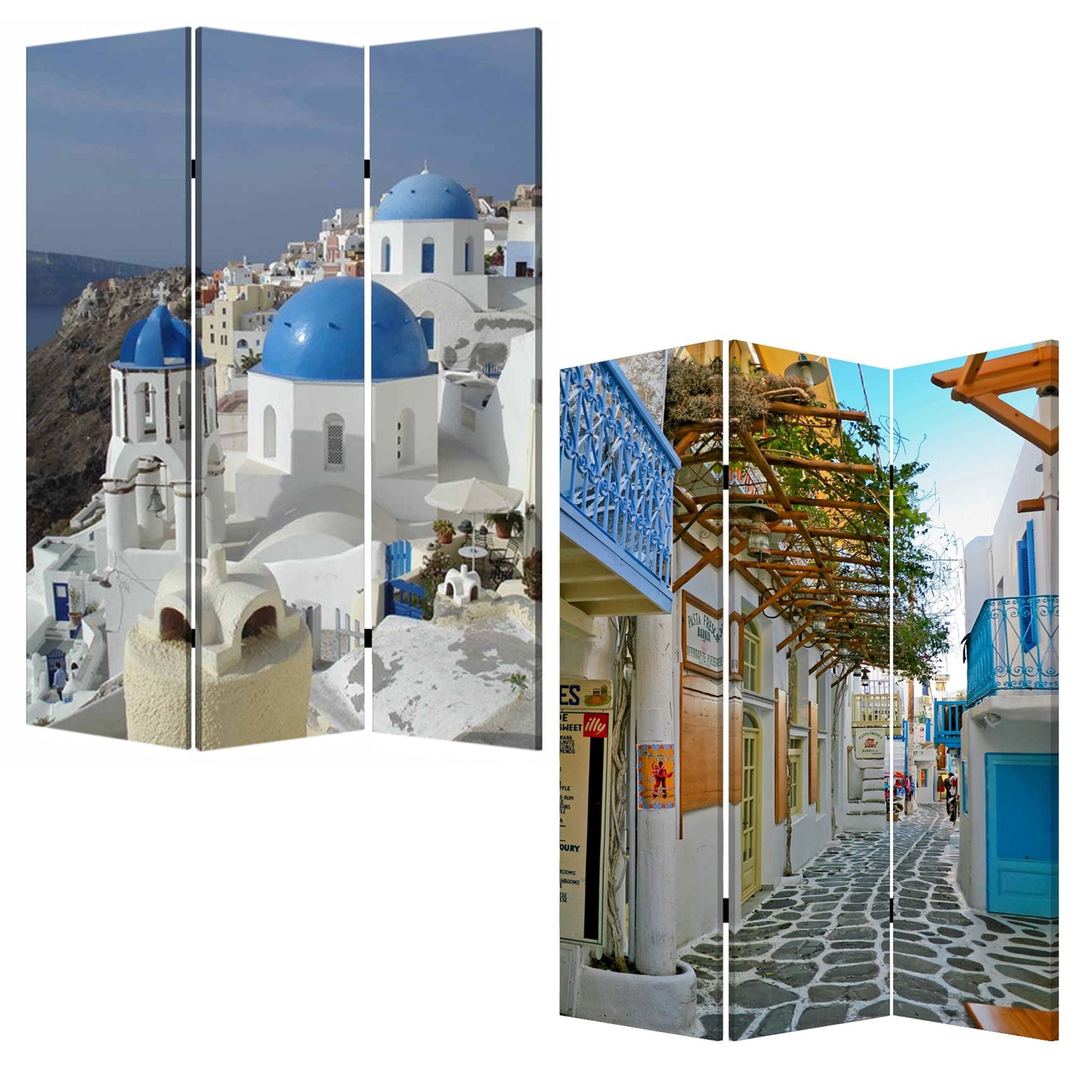72" Blue And White Canvas Folding Three Panel Screen Room Divider HomeRoots