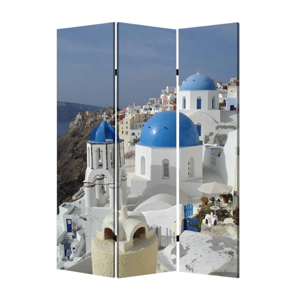 72" Blue And White Canvas Folding Three Panel Screen Room Divider HomeRoots