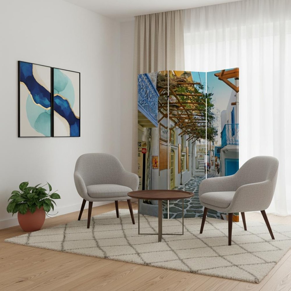 72" Blue And White Canvas Folding Three Panel Screen Room Divider HomeRoots