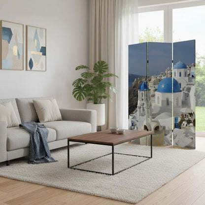 72" Blue And White Canvas Folding Three Panel Screen Room Divider HomeRoots