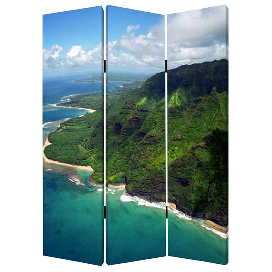 72" Blue And Green Canvas Folding Three Panel Screen Room Divider HomeRoots