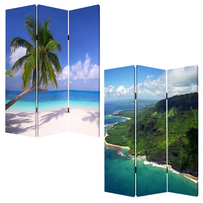 72" Blue And Green Canvas Folding Three Panel Screen Room Divider HomeRoots