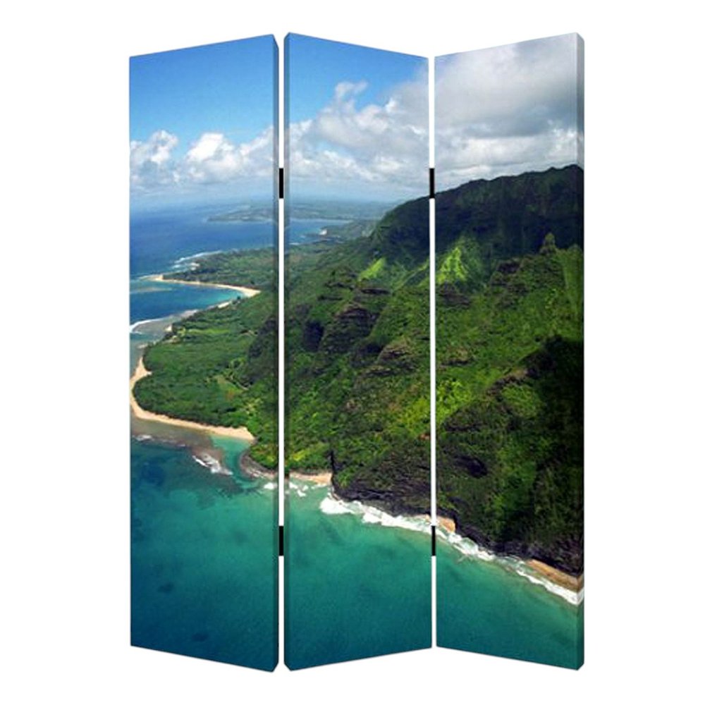 72" Blue And Green Canvas Folding Three Panel Screen Room Divider HomeRoots