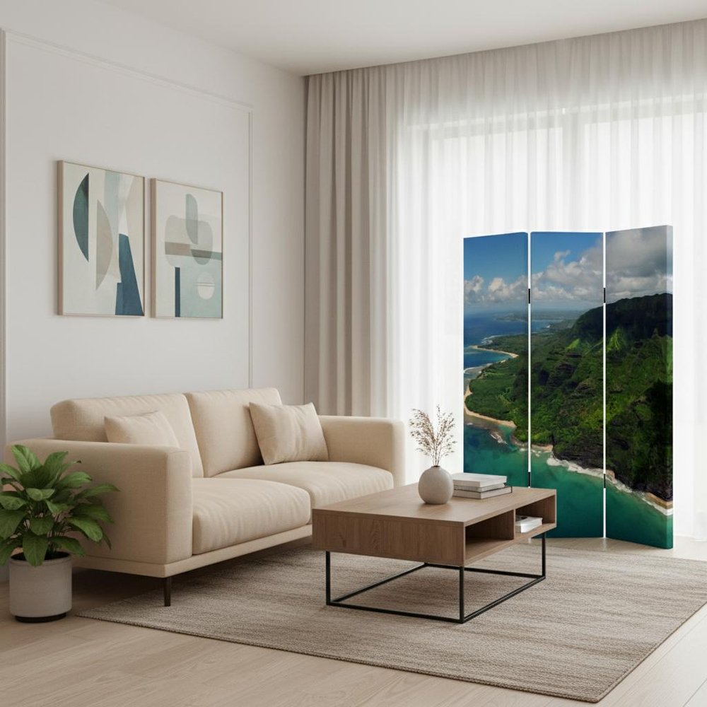72" Blue And Green Canvas Folding Three Panel Screen Room Divider HomeRoots