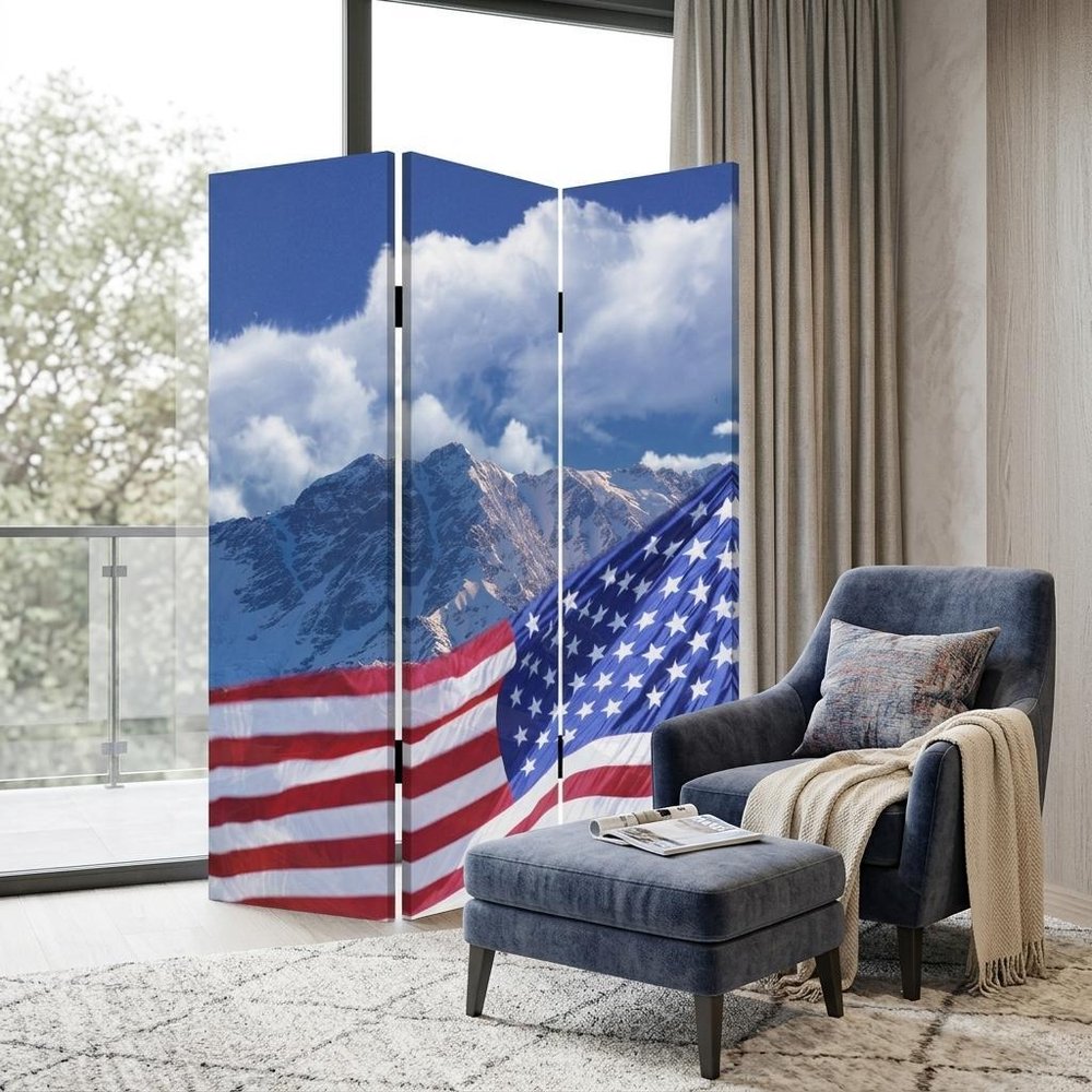 72" Red White And Blue American Flag Reversible Canvas Folding Three Panel Room Divider HomeRoots